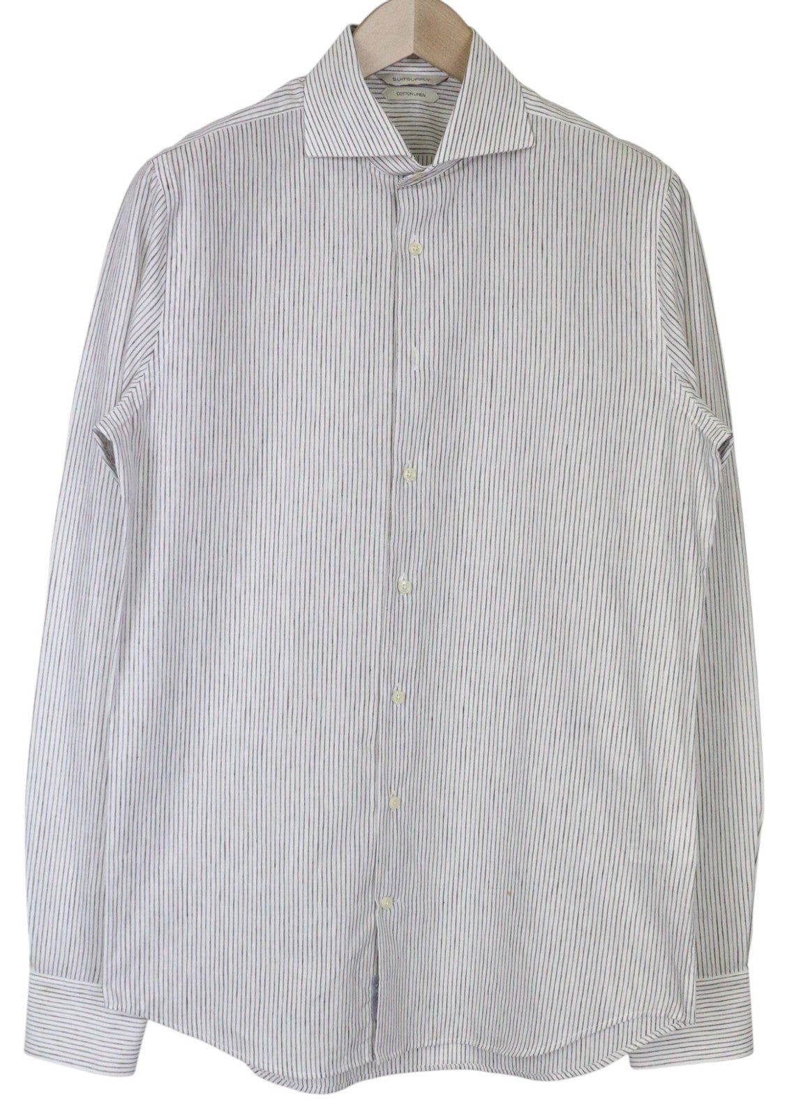 SUITSUPPLY Men's Formal Shirt XS White Cotton Linen Stripe Patterned Long Sleeve