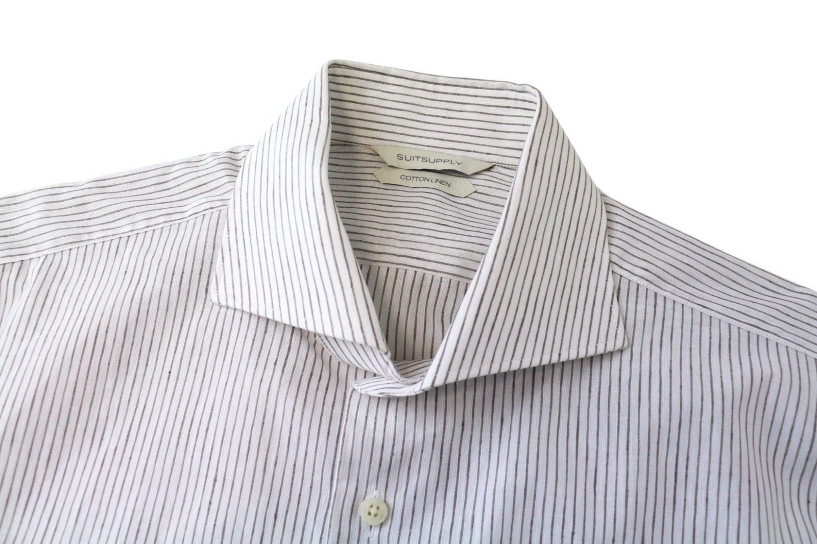 SUITSUPPLY Men's Formal Shirt XS White Cotton Linen Stripe Patterned Long Sleeve
