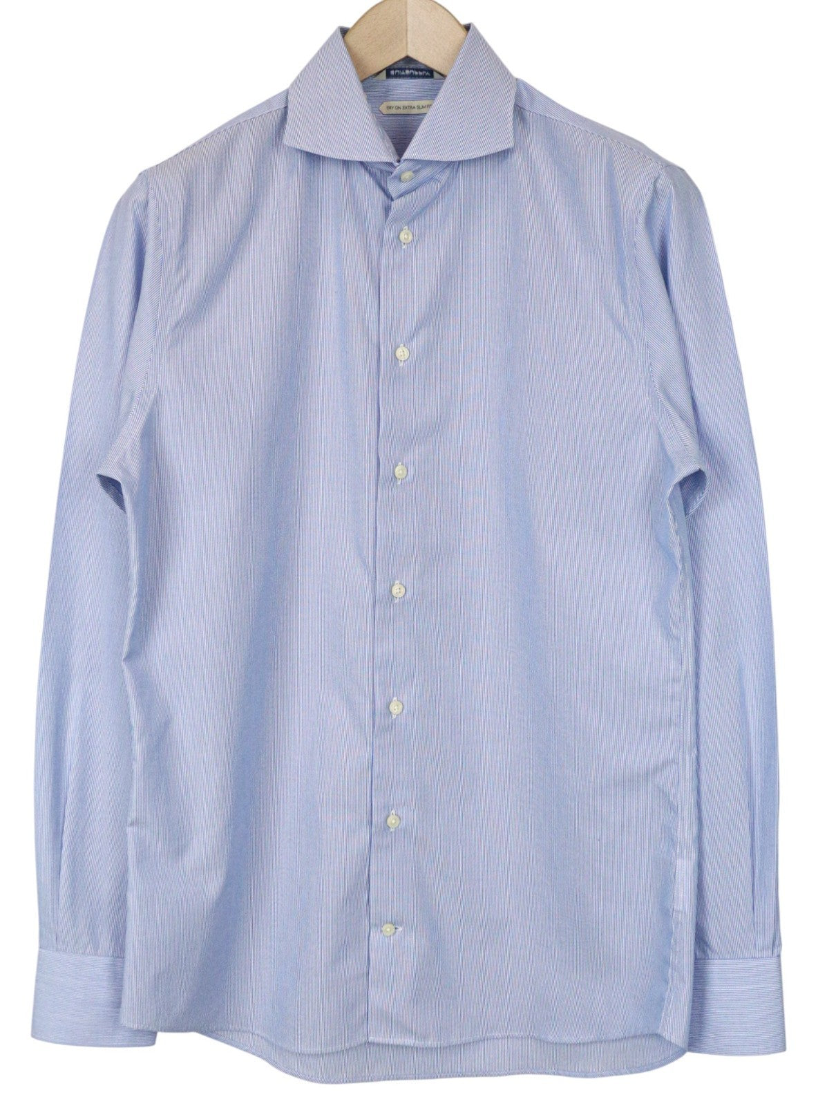 SUITSUPPLY Men's Formal Shirt 40/15 3/4 Extra Slim Blue Cotton Stripe Cutaway