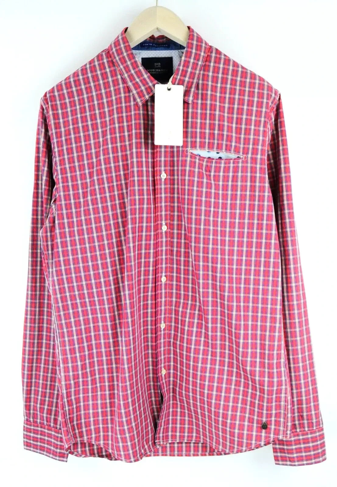 SCOTCH & SODA Men's Shirt L Pink Check Button Front Cotton Casual Long Sleeve