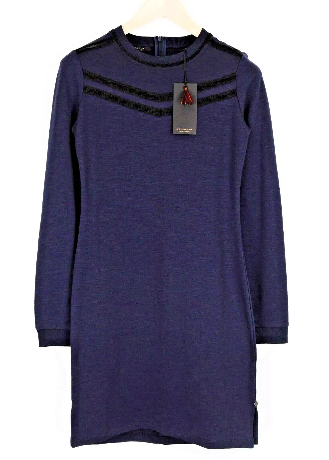 MAISON SCOTCH Women Dress S Navy Stretch Cotton Blend Knee Length Long Sleeve