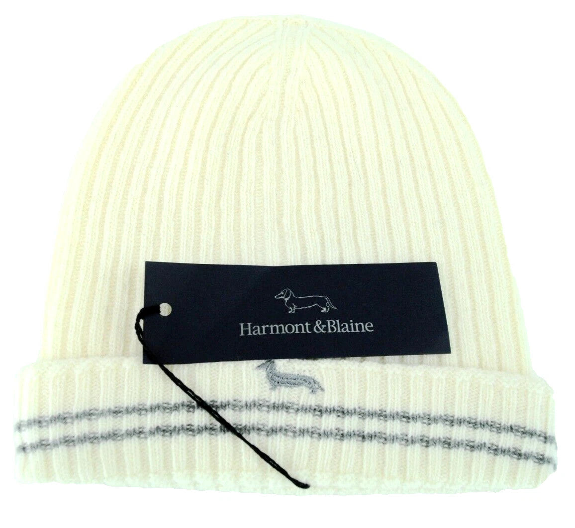 HARMONT & BLAINE Men's Beanie OS White Wool Knitted Logo Winter Unisex Cap