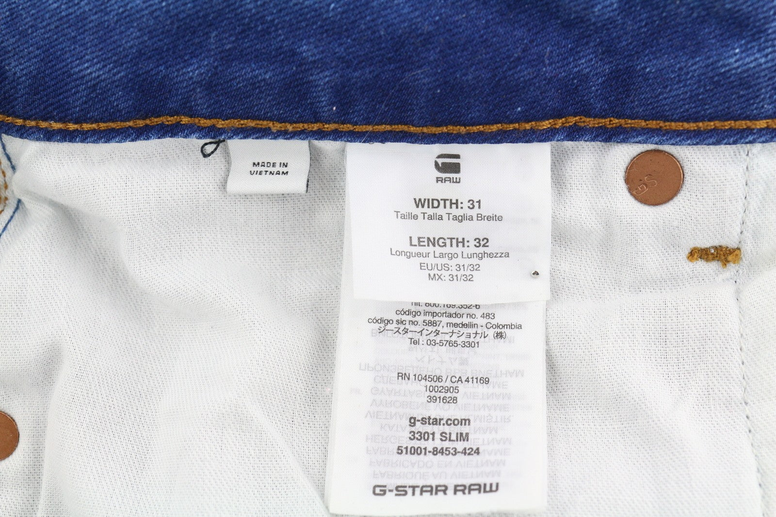 G-STAR 3301 Slim Men's Jeans W31/L32 Blue Denim Button Fly Logo 5 Pocket