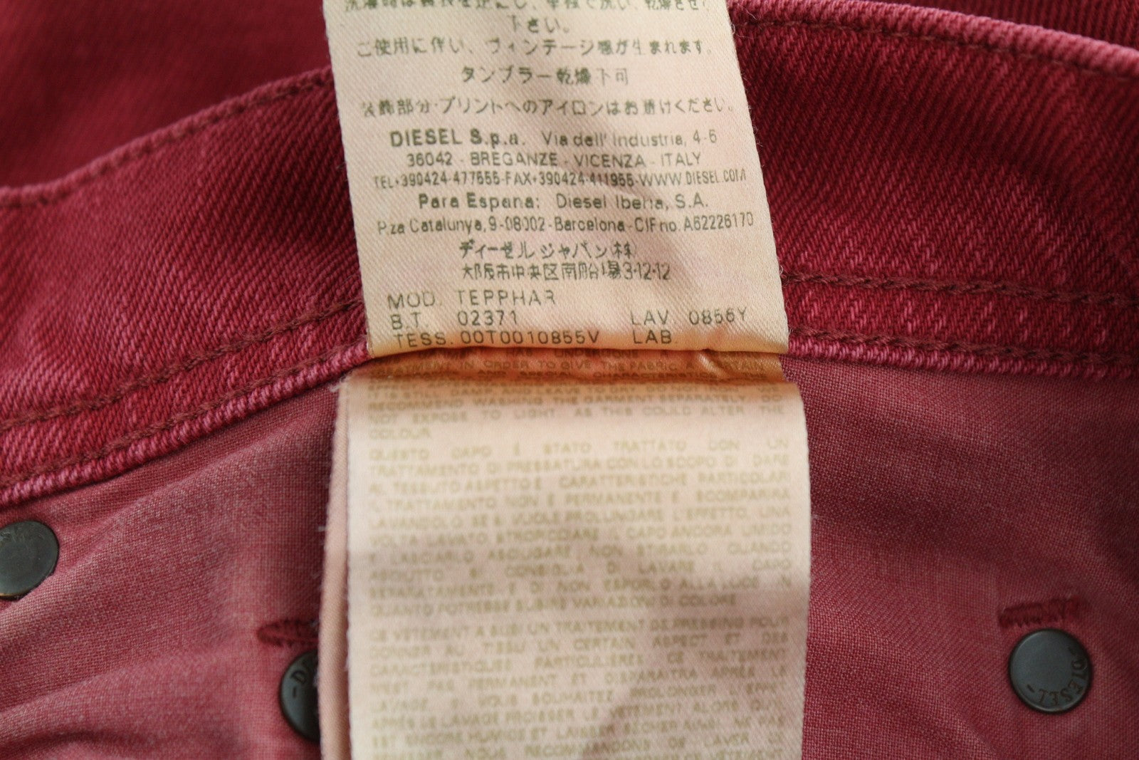 DIESEL Tepphar 0856Y Men's Jeans W31 Red Denim Slim Carrot Stretch Button Fly