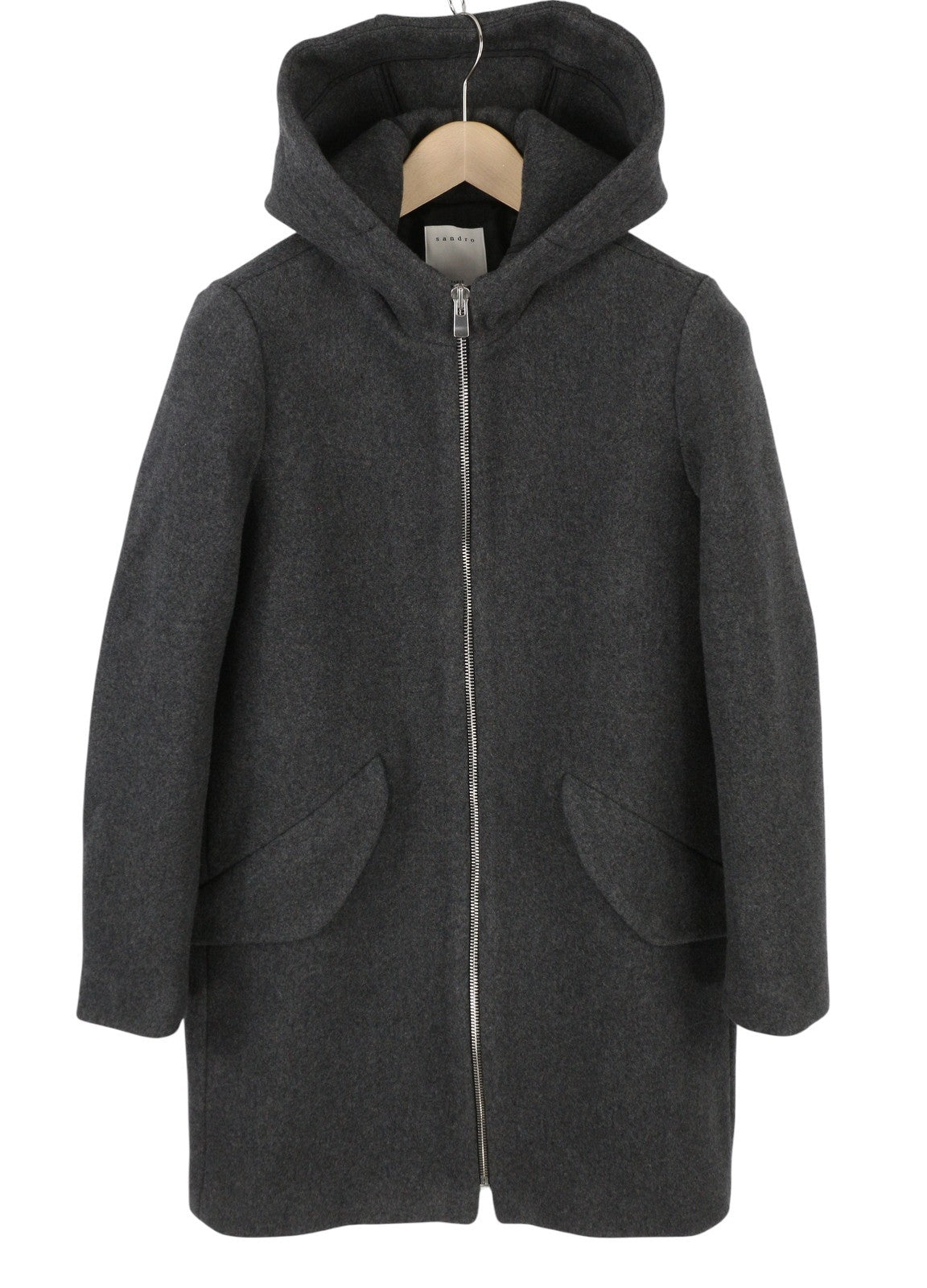 SANDRO Women Coat EU36 Grey Melange Wool Blend Hooded Lightweight Mid-Length