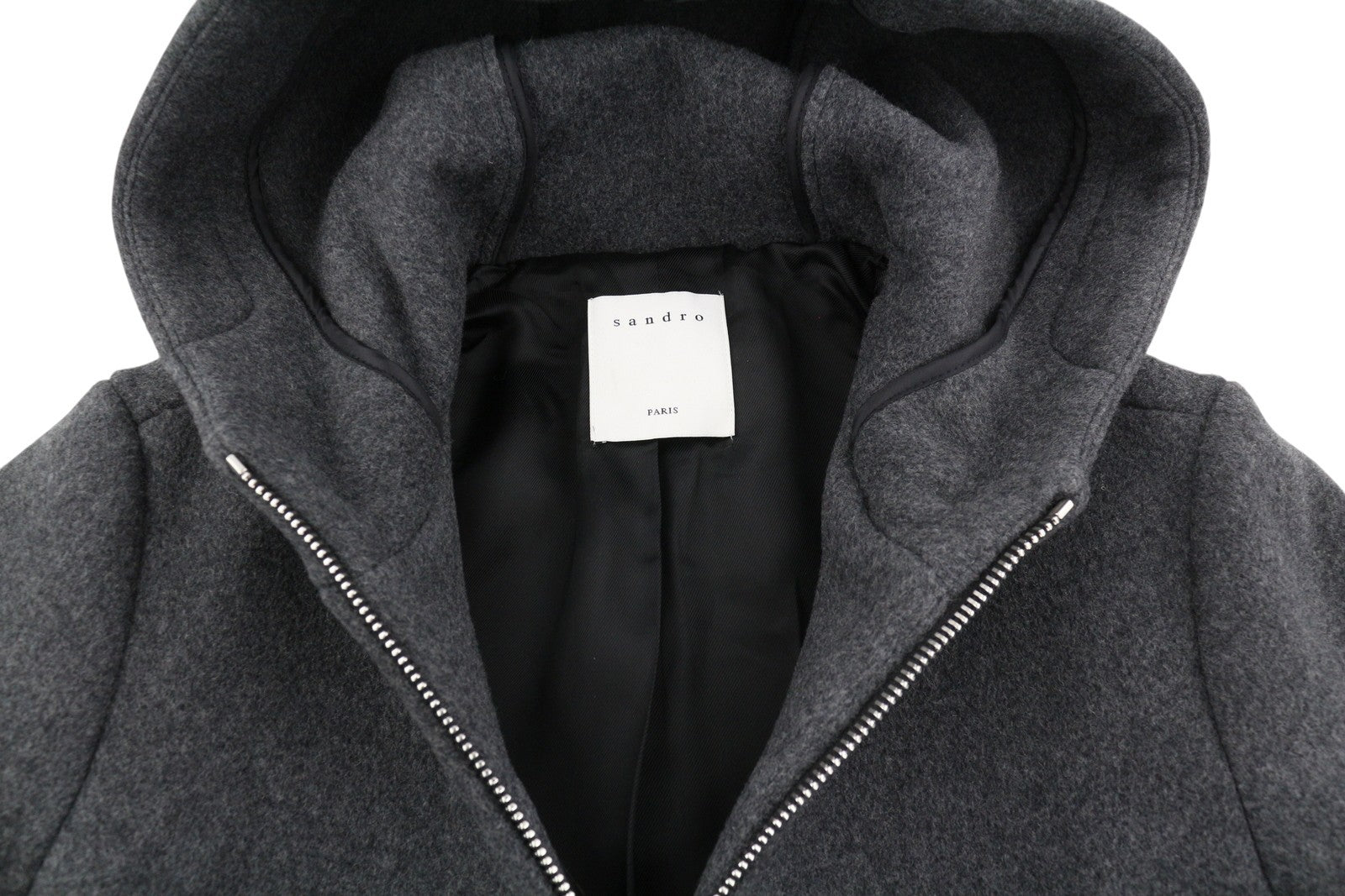 SANDRO Women Coat EU36 Grey Melange Wool Blend Hooded Lightweight Mid-Length