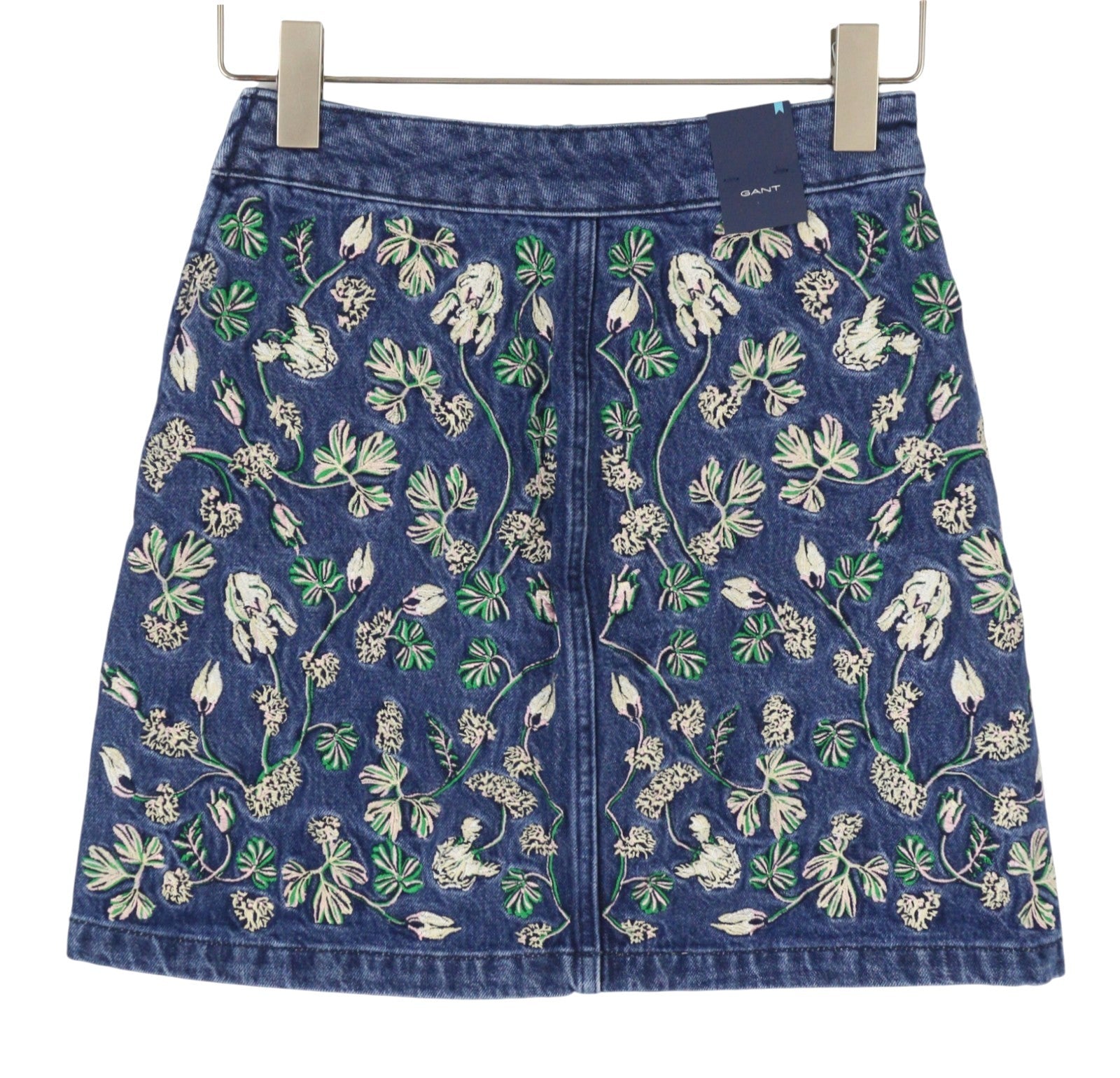 GANT Embroidered Short Denim Women Skirt EU36 Mid Blue Vintage Zip Fly