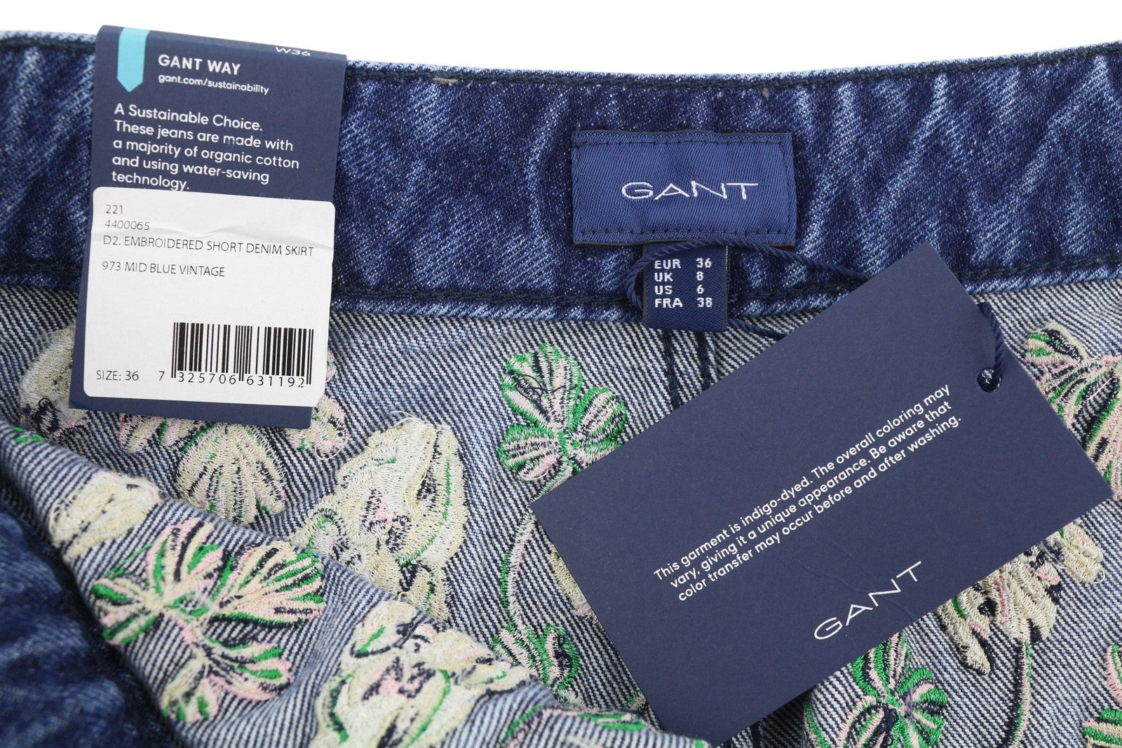 GANT Embroidered Short Denim Women Skirt EU36 Mid Blue Vintage Zip Fly