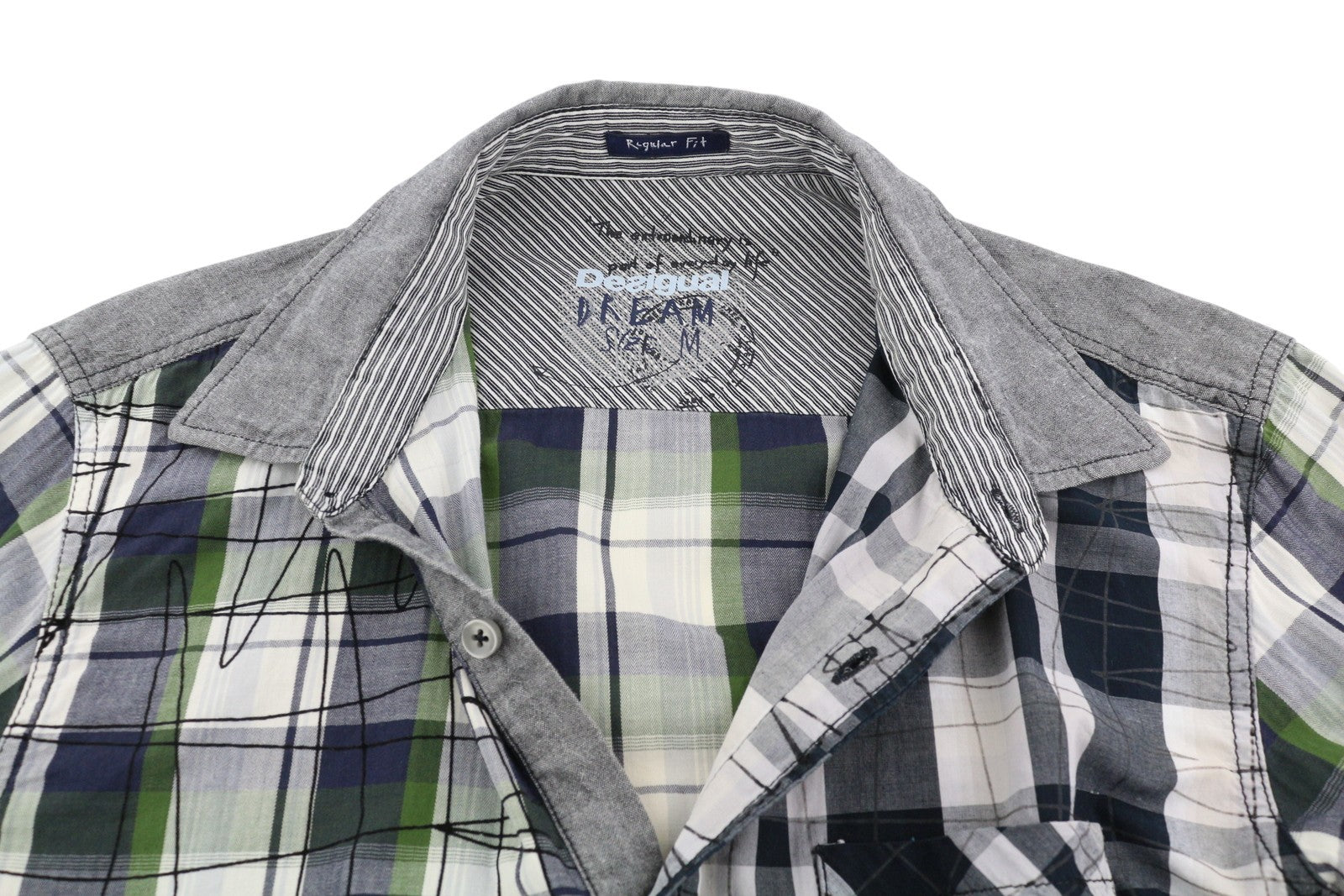 DESIGUAL Men's Shirt M Casual Plaid Spread Neck Buttoned Logo Regular