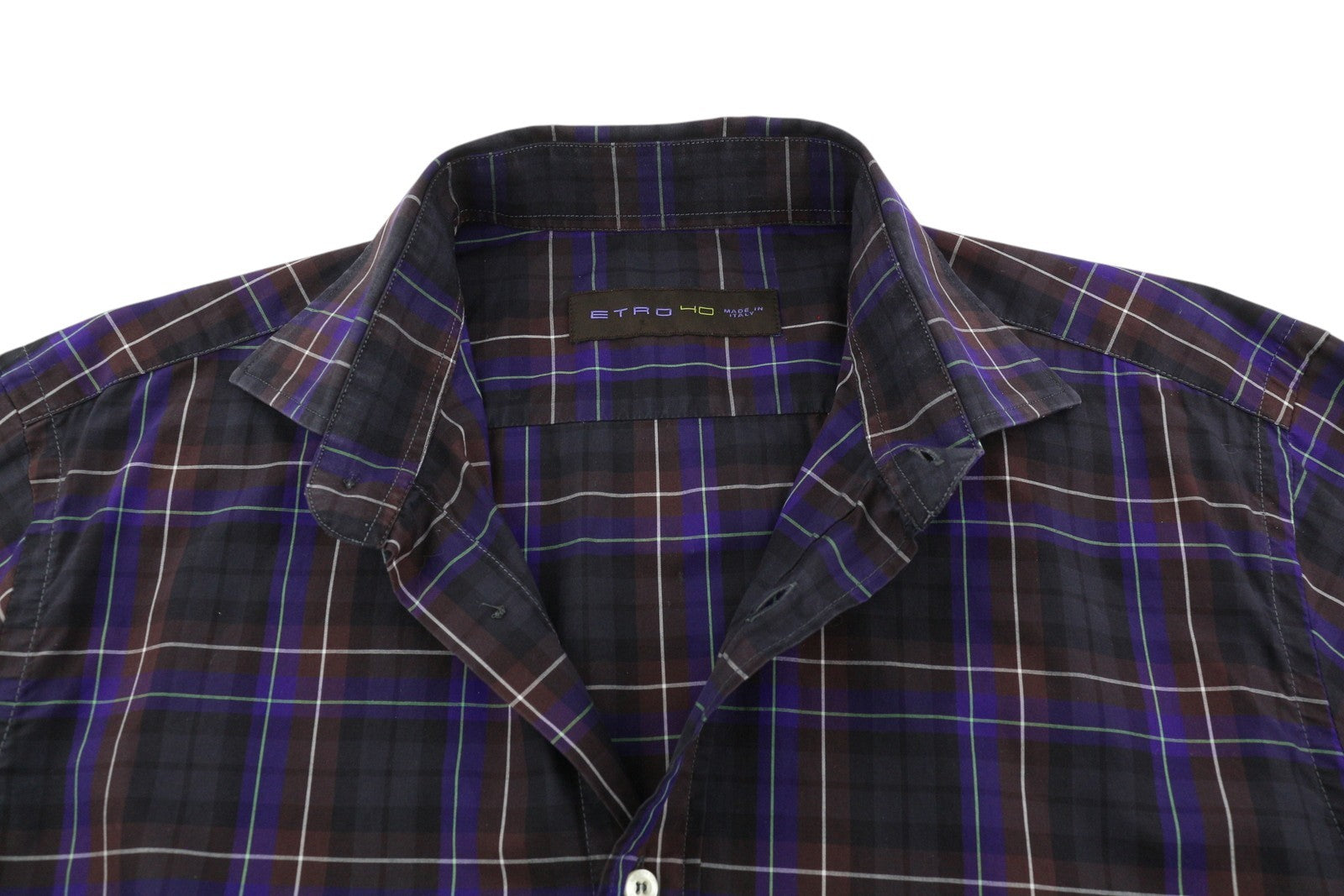 ETRO Men's Shirt 40 Formal Plaid Spread Collar Colourful Logo