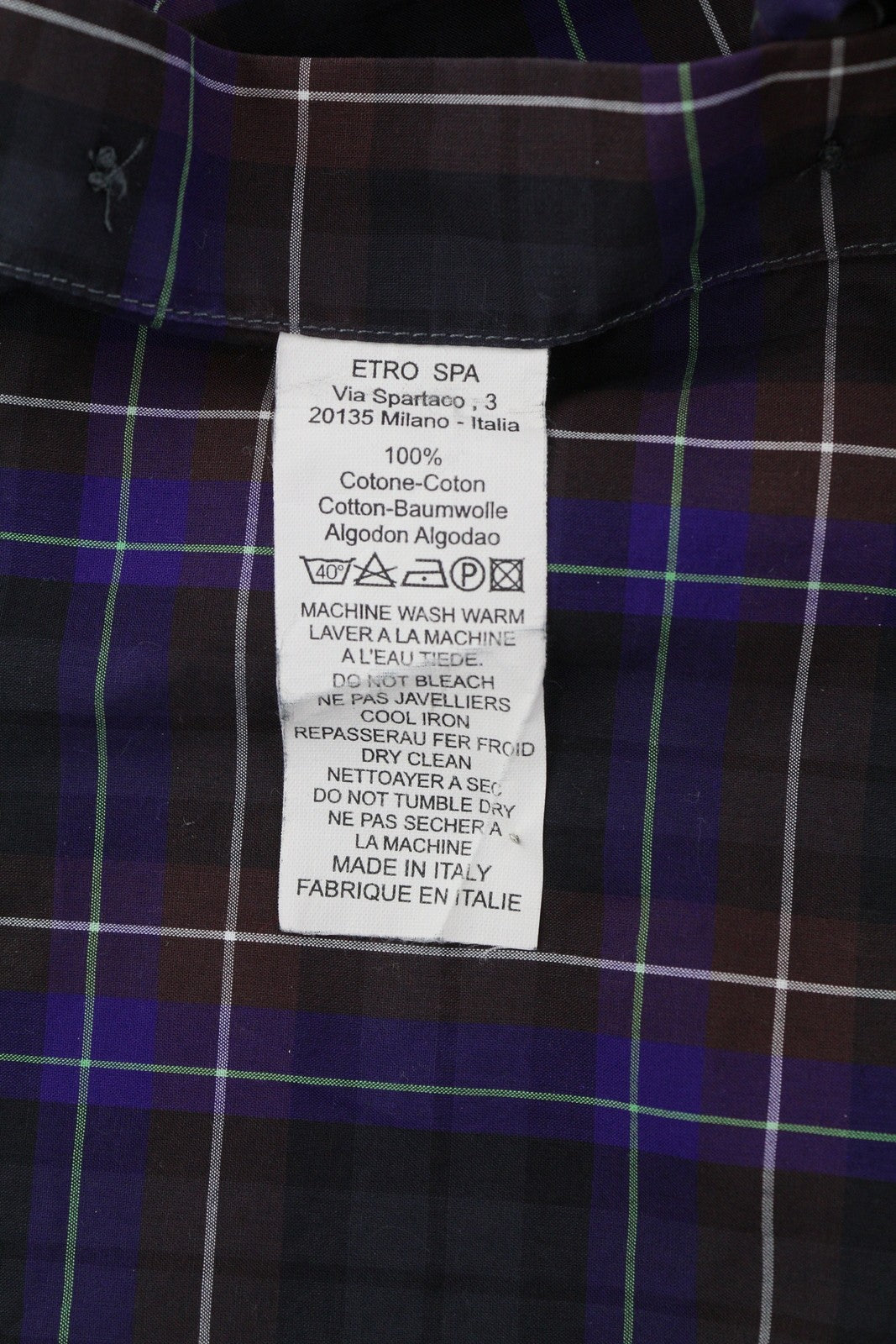 ETRO Men's Shirt 40 Formal Plaid Spread Collar Colourful Logo