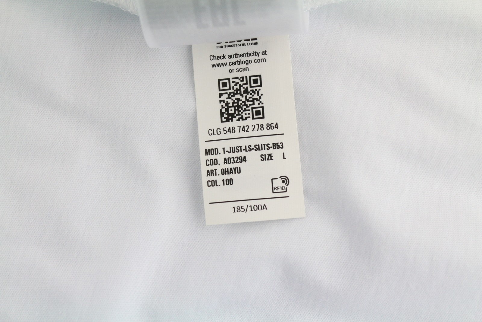 DIESEL T-Just-LS-Slits-B53 Men's T-Shirt L White Long Sleeve Cotton Tee