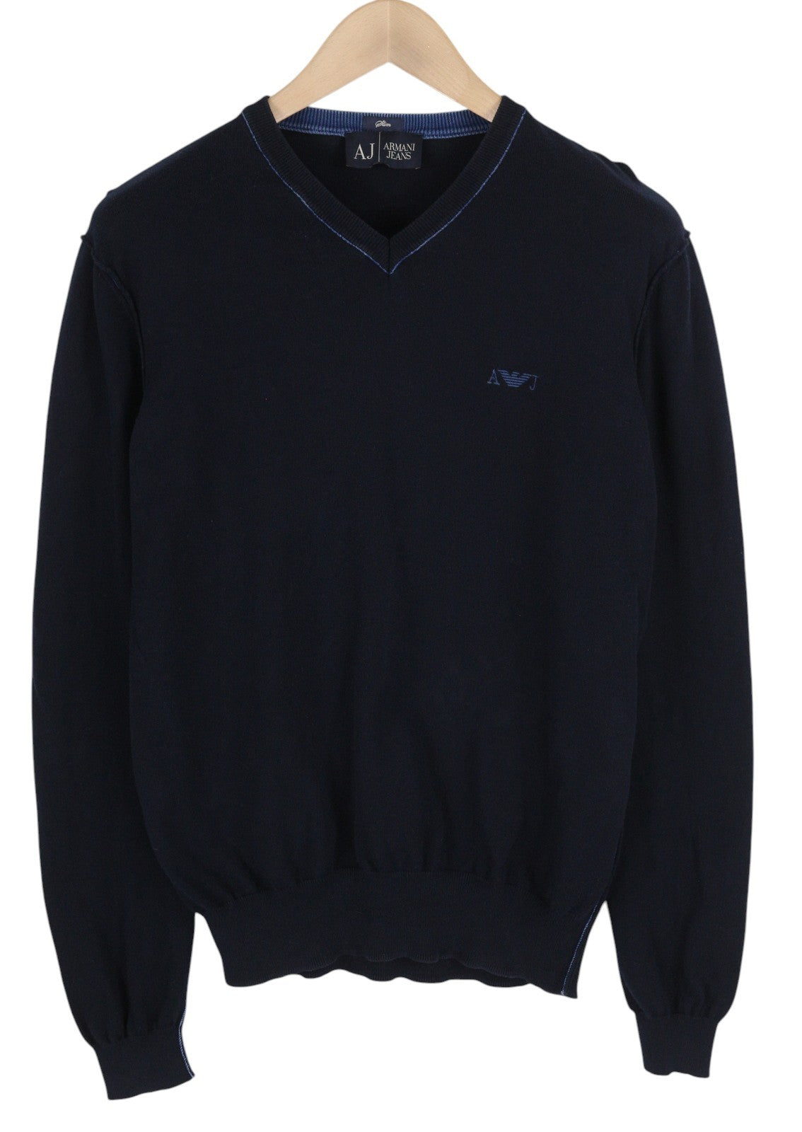 ARMANI JEANS Men's Jumper S Dark Blue Knitted V-Neck Slim Fit Logo