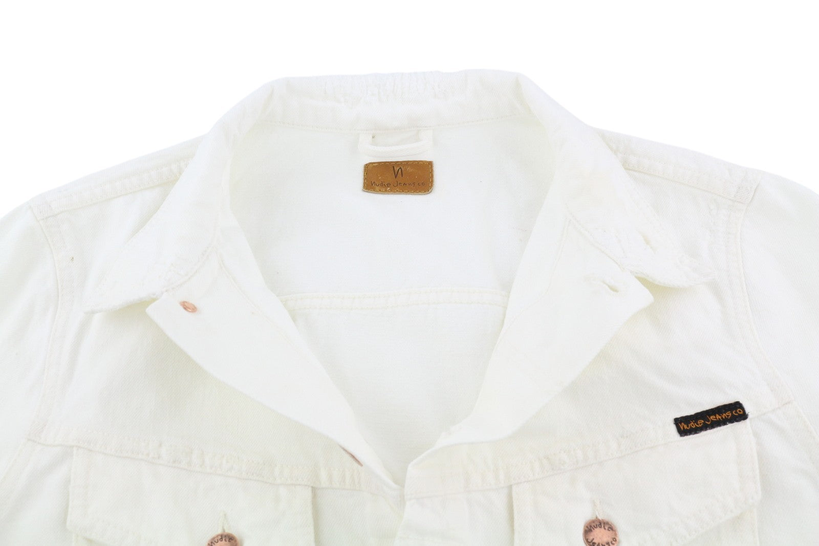 NUDIE JEANS Billy Men's Jacket L White Worn Denim Polo Neck Buttoned