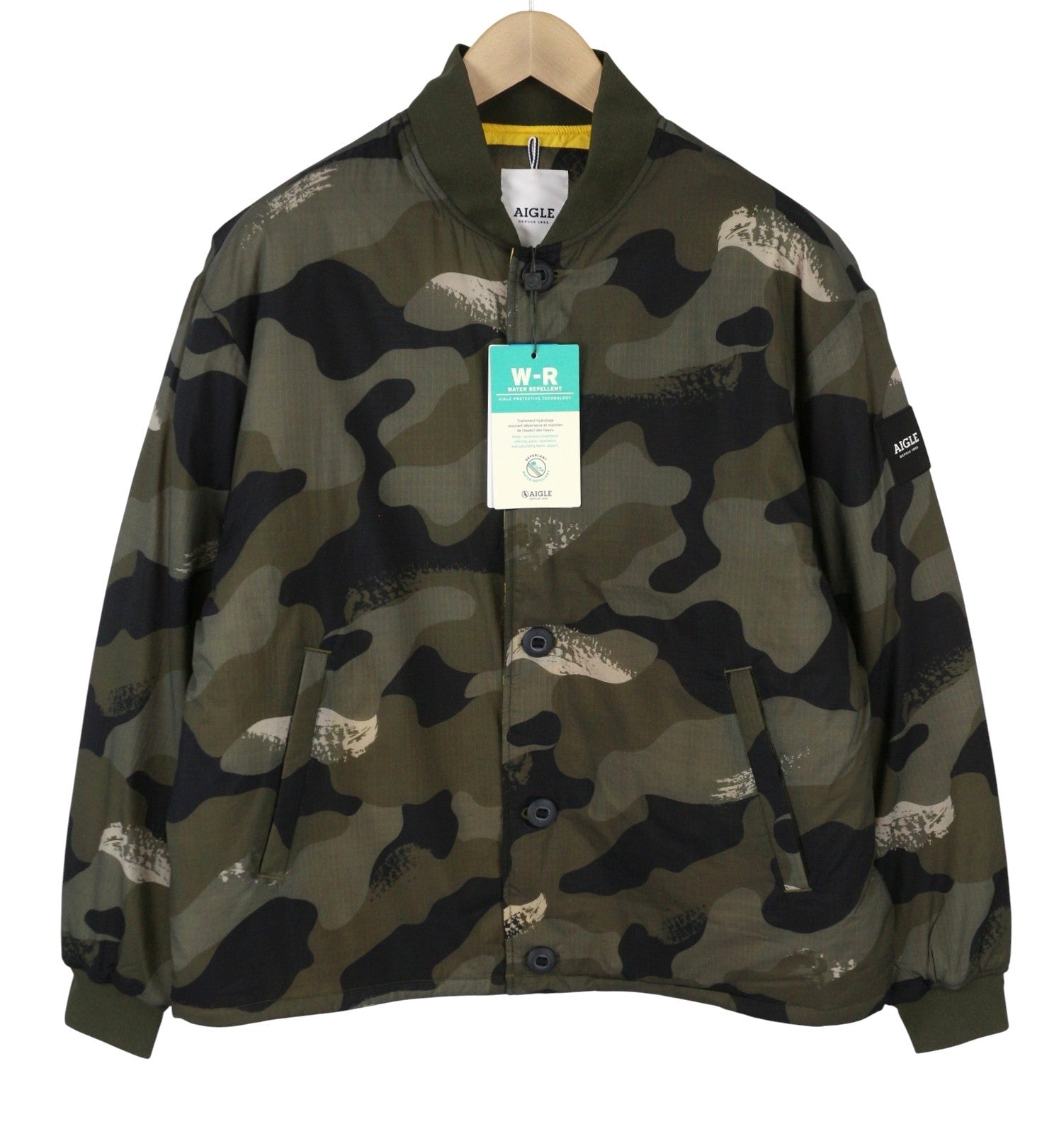 AIGLE Morister Men Jacket M Camouflage Padded Full Zip Button Up Bomber