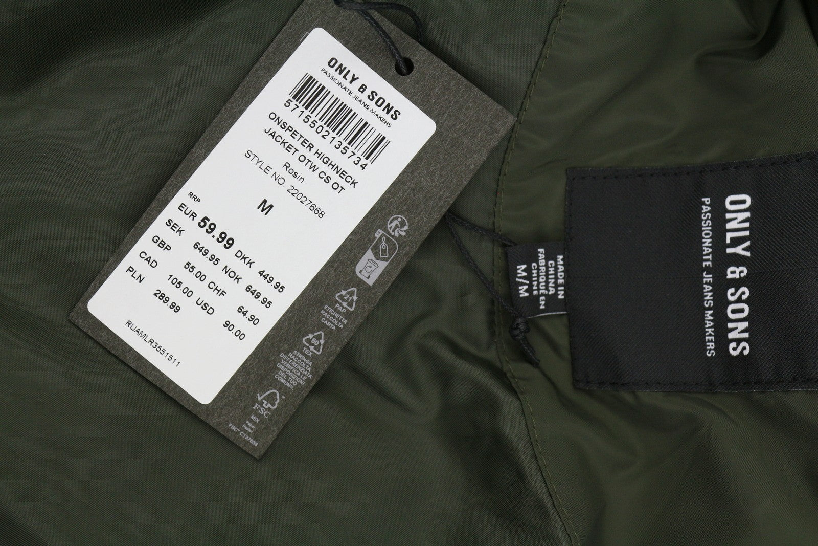 ONLY & SONS Onspeter Highneck Men Jacket M Dark Green Quilted Padded Full Zip