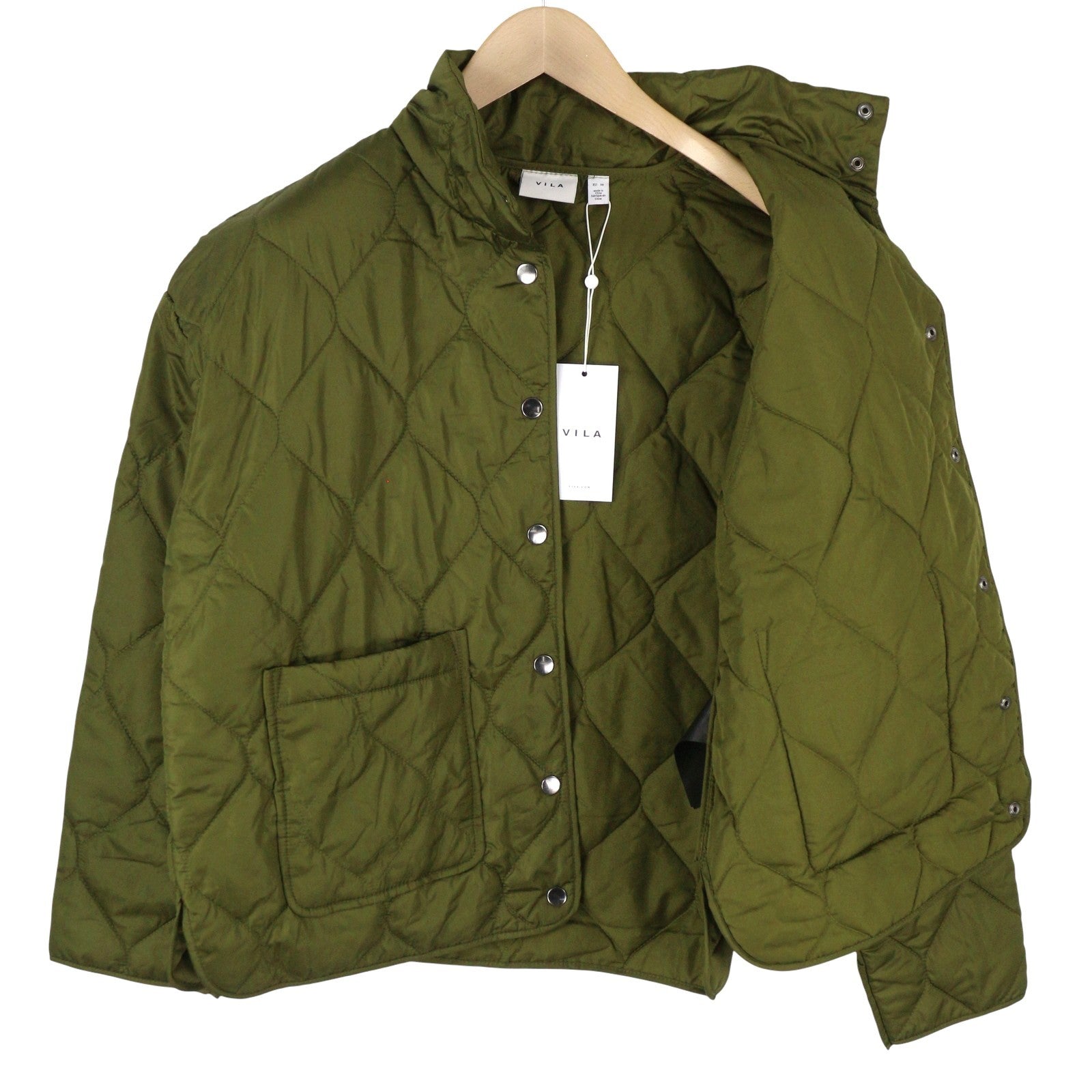 VILA Butta Collar Women Jacket EU38 Green Oversized Padded Quilted Lightweight