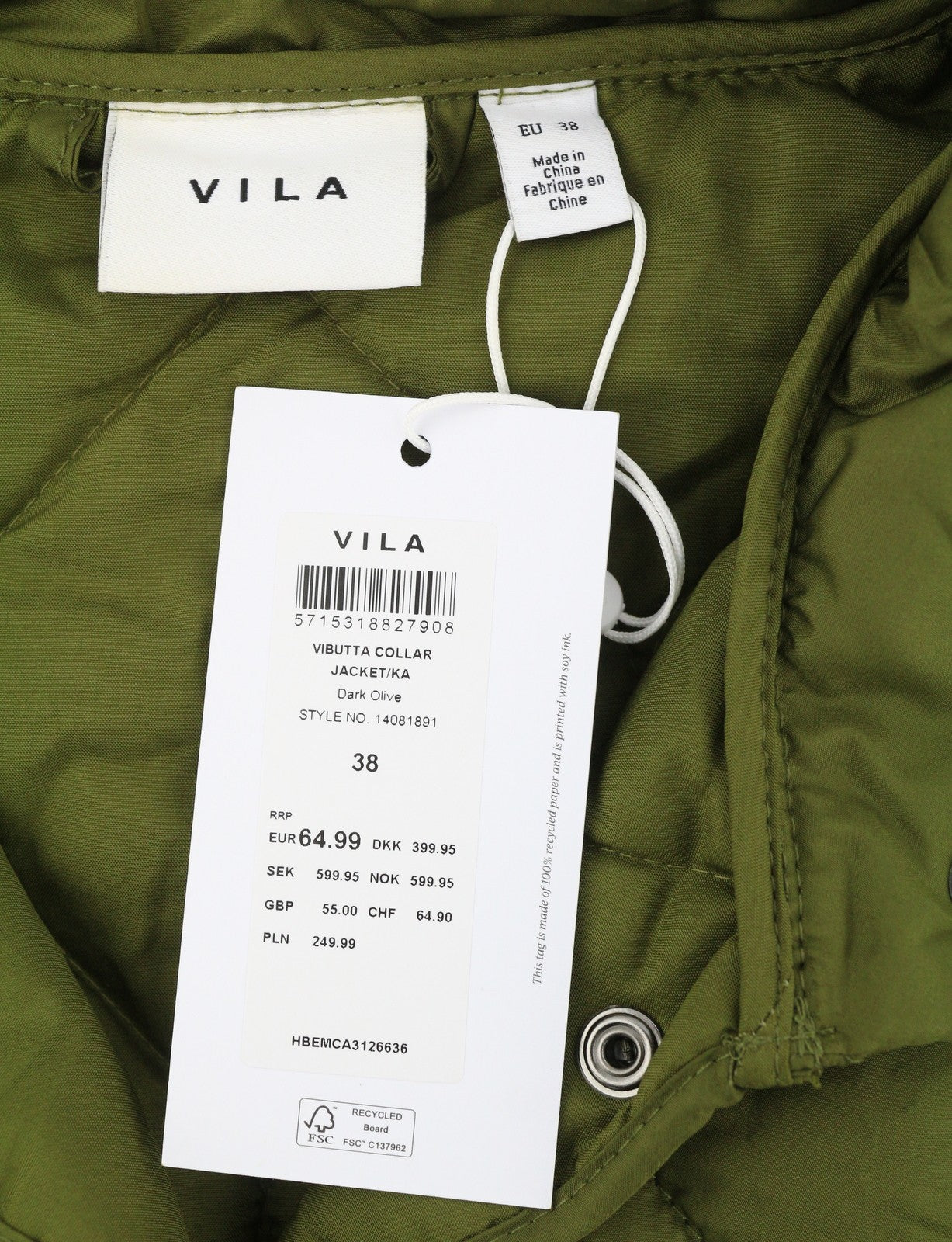 VILA Butta Collar Women Jacket EU38 Green Oversized Padded Quilted Lightweight