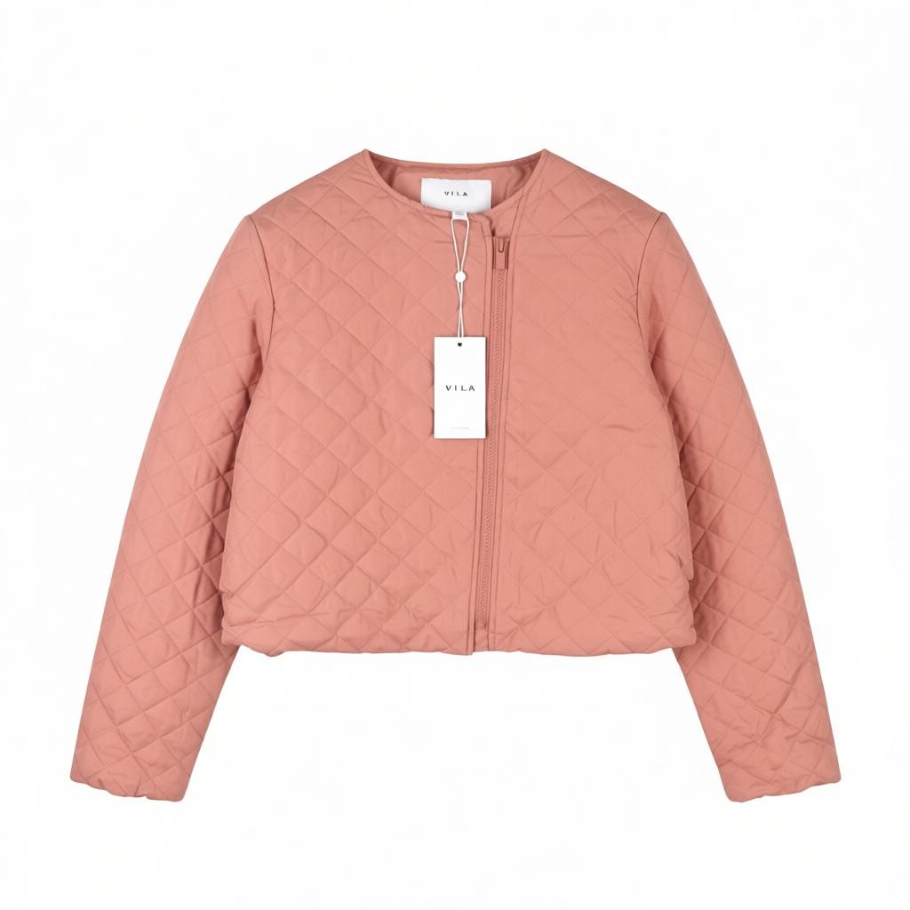 VILA Sassy Women Jacket EU42 Pink Quilted Padded Asymmetrical Zip Lightweight