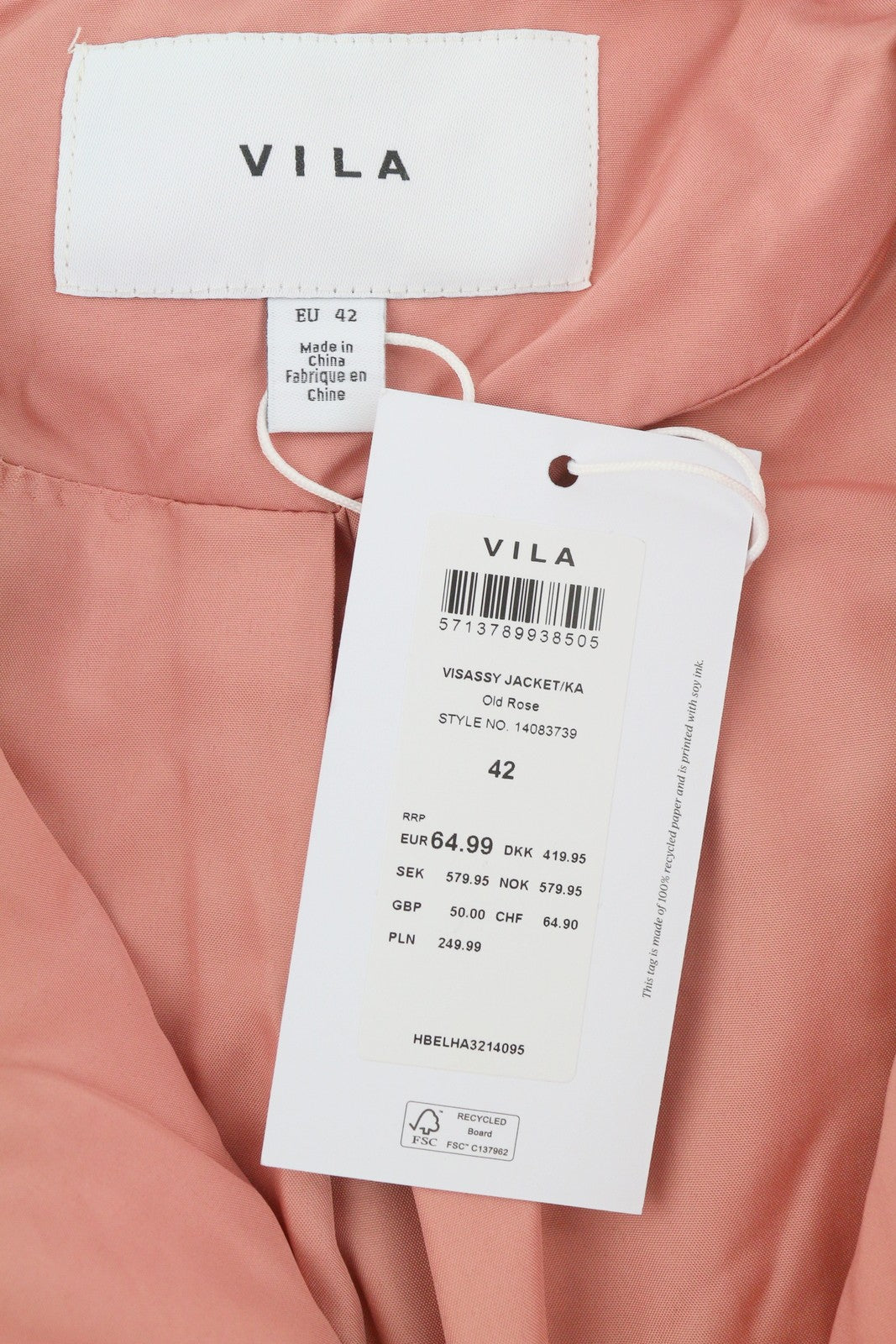 VILA Sassy Women Jacket EU42 Pink Quilted Padded Asymmetrical Zip Lightweight