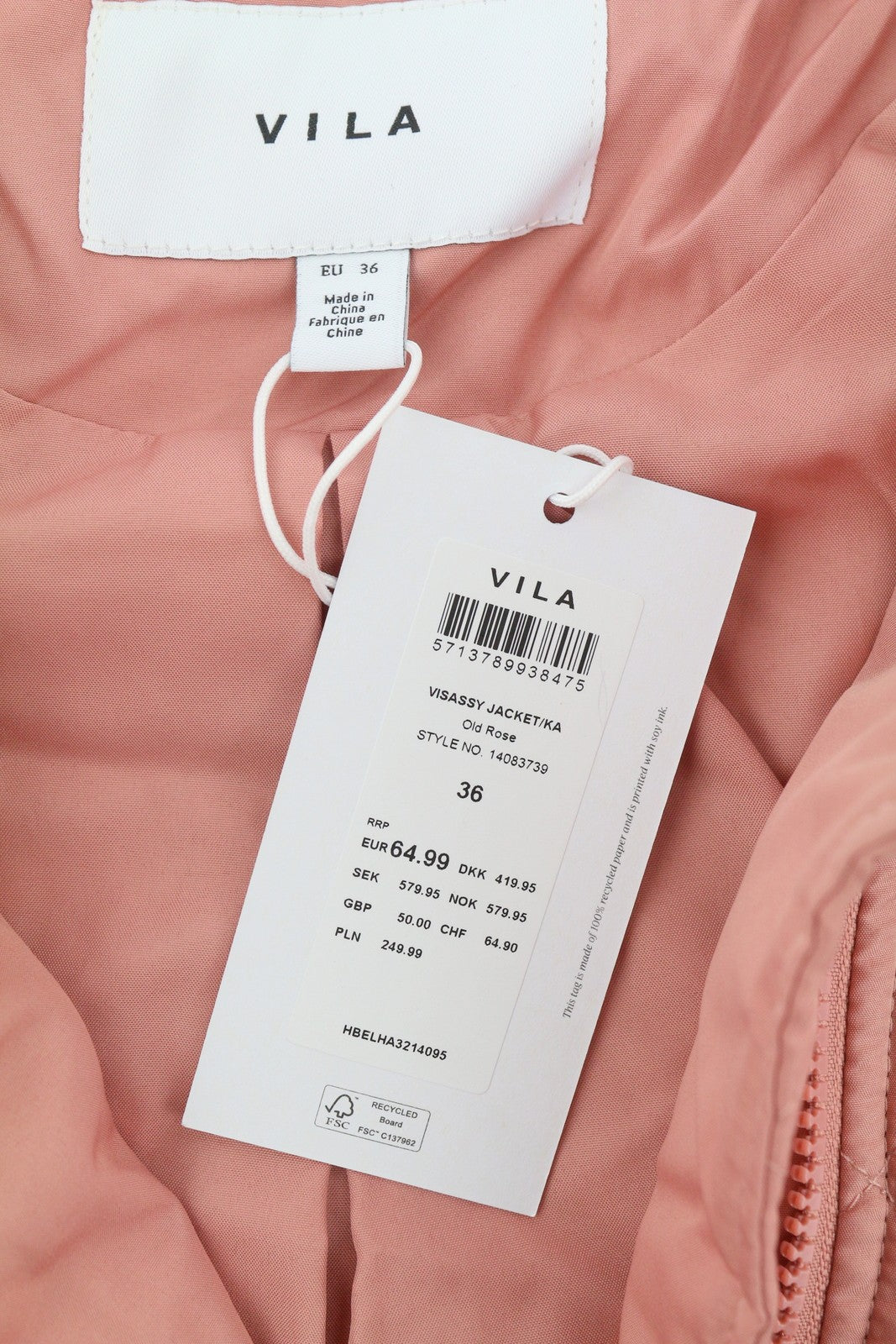 VILA Sassy Women Jacket EU36 Pink Quilted Padded Asymmetrical Zip Lightweight