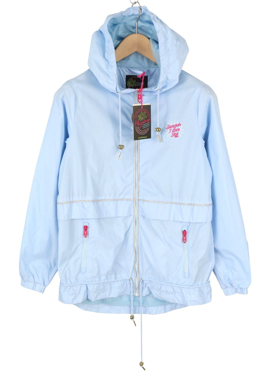 MYMO Women Jacket XS Light Blue Hooded Drawstring Waist Parka Lightweight
