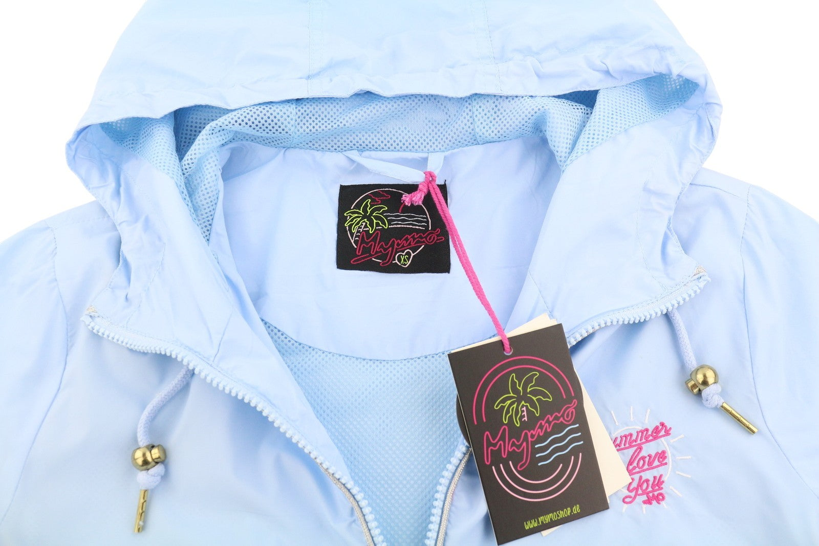 MYMO Women Jacket XS Light Blue Hooded Drawstring Waist Parka Lightweight