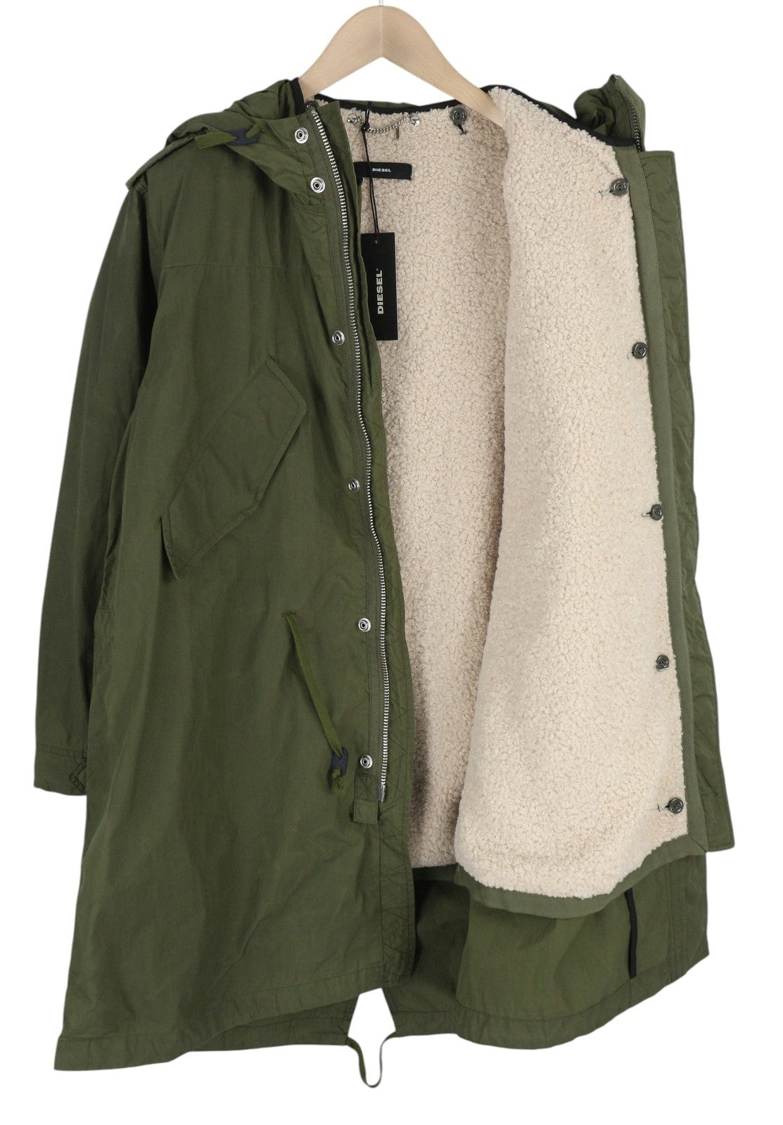 DIESEL W-Terry Women's Jacket M Green Hooded Parka Sherpa Lined RRP395