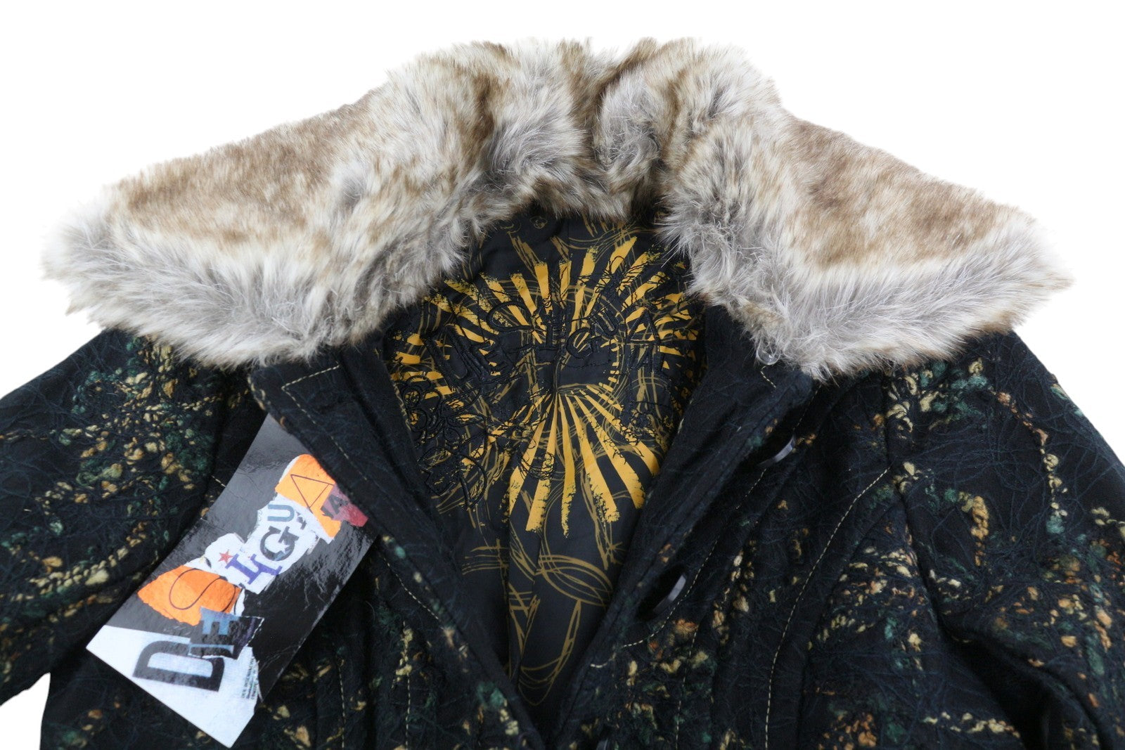 DESIGUAL Women's Coat XS Black Wool Blend Pattern Faux Fur Trim