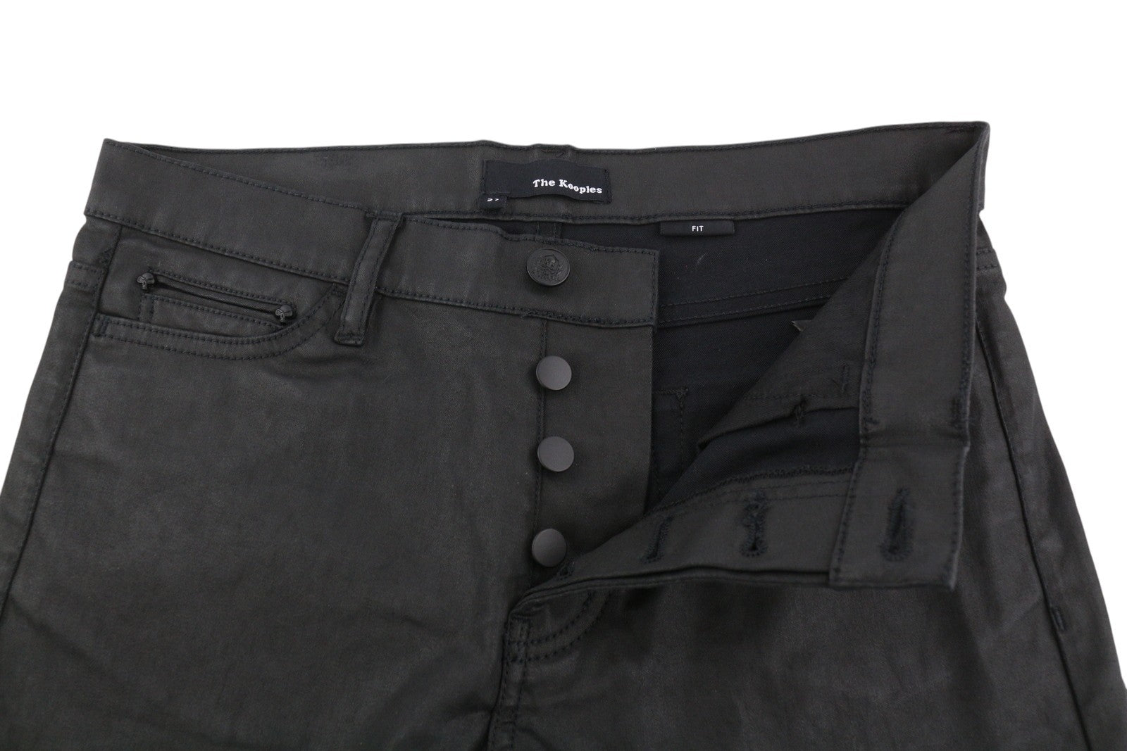 THE KOOPLES Men's Jeans W27 Black Wax Coated Button Fly Slim Dark Finish