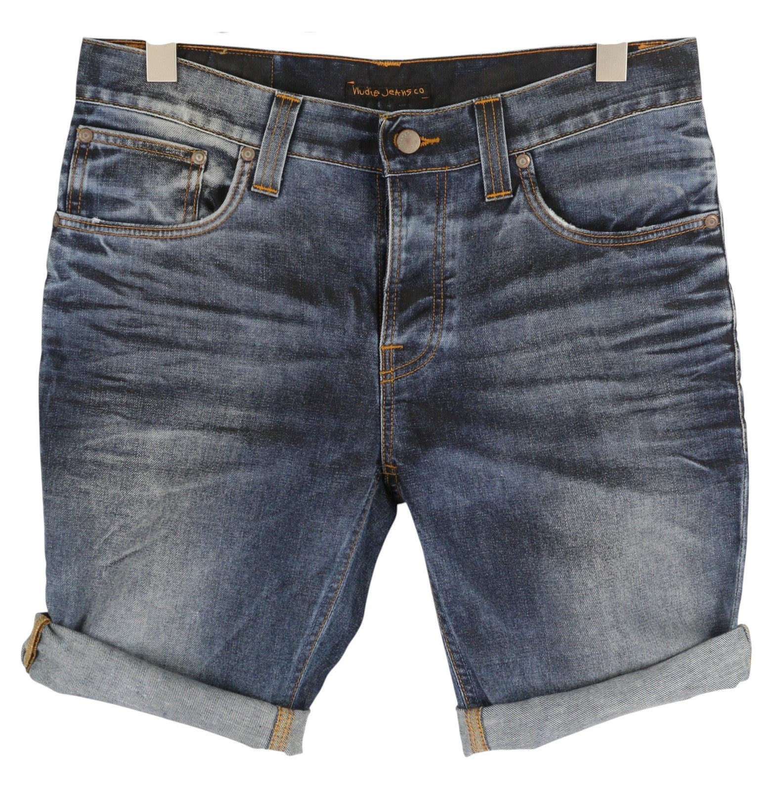 NUDIE JEANS Grim Tim Men's Shorts W33 Blue Washed Button Fly Turn Up