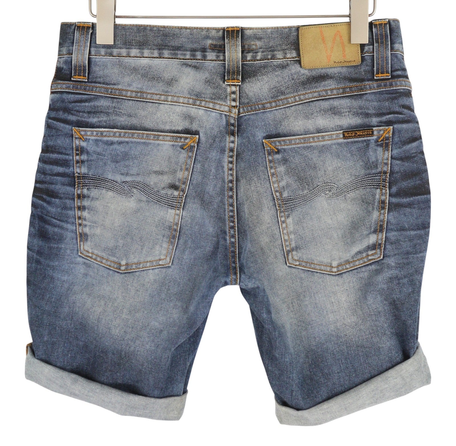 NUDIE JEANS Grim Tim Men's Shorts W33 Blue Washed Button Fly Turn Up