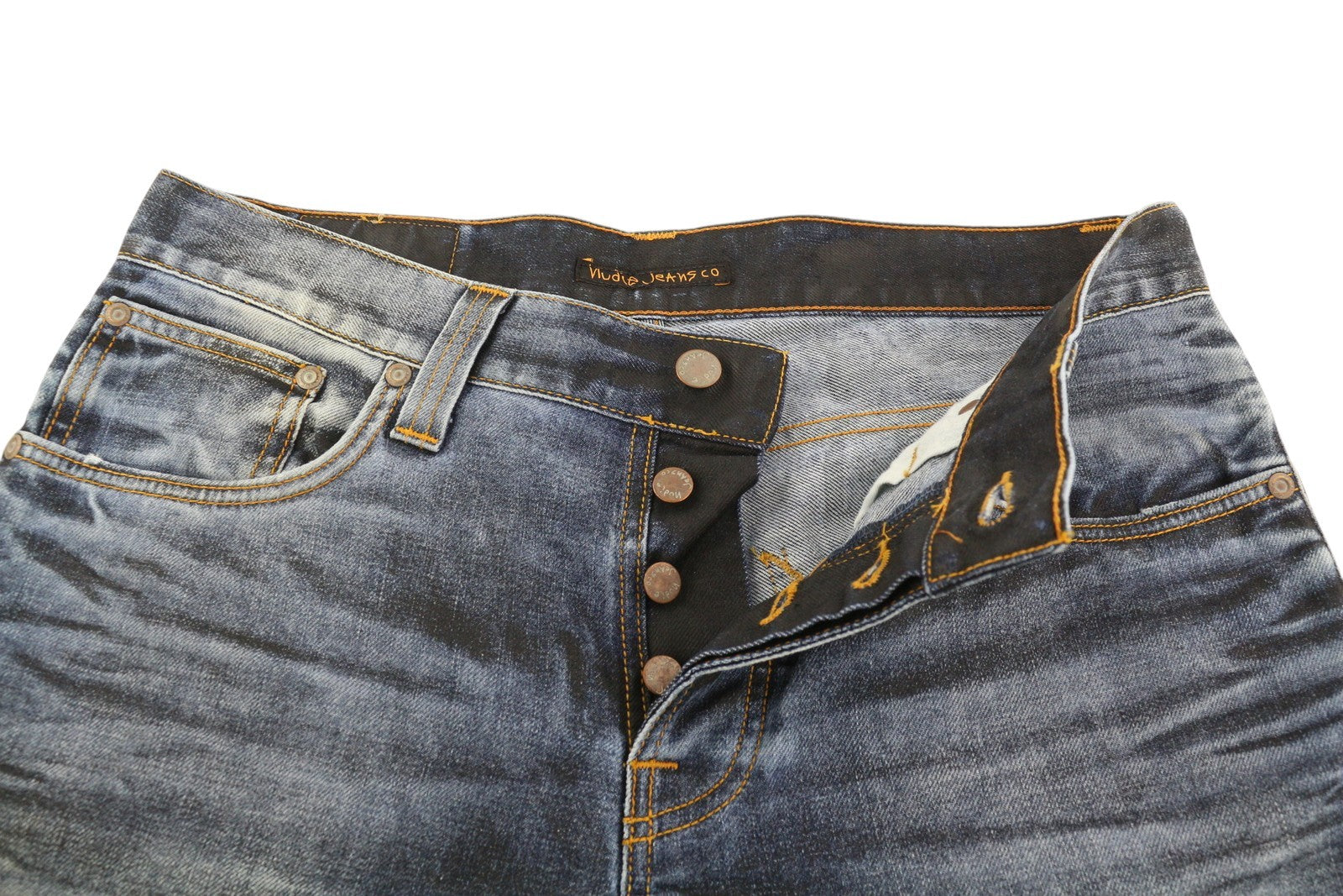 NUDIE JEANS Grim Tim Men's Shorts W33 Blue Washed Button Fly Turn Up