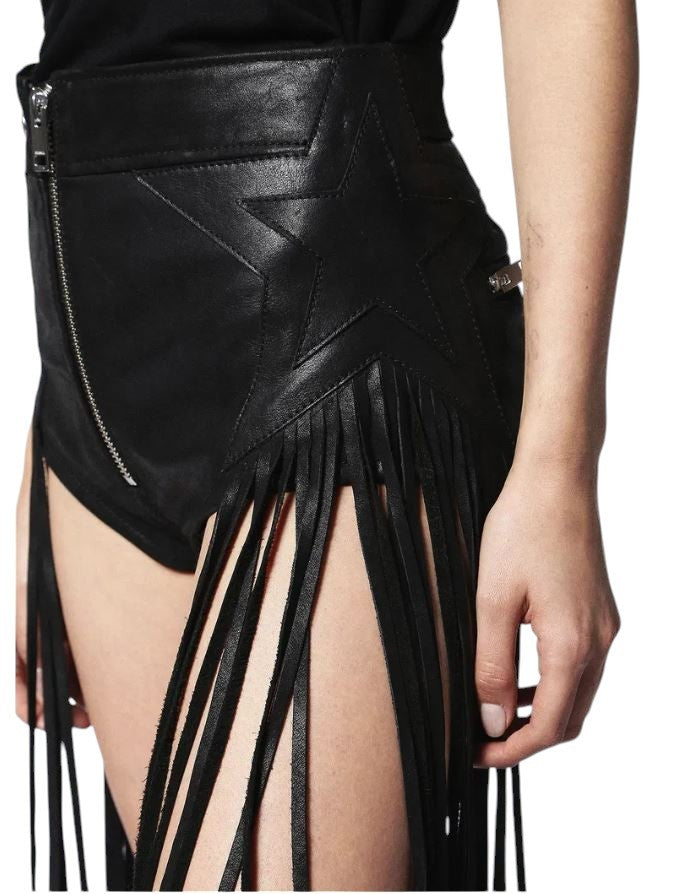 DIESEL L-Leonis 0GANN Women Shorts W24 Black Cowhide Leather Fringe Trim RRP500