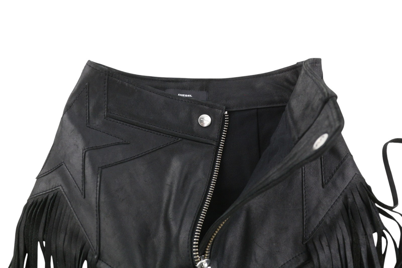 DIESEL L-Leonis 0GANN Women Shorts W24 Black Cowhide Leather Fringe Trim RRP500