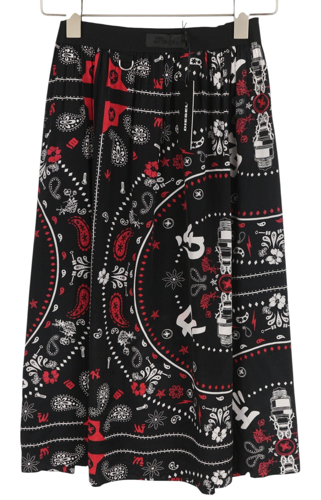 DIESEL O-Miyo-B Women's Skirt XS Elastic Waist Patterned Side Split Midi