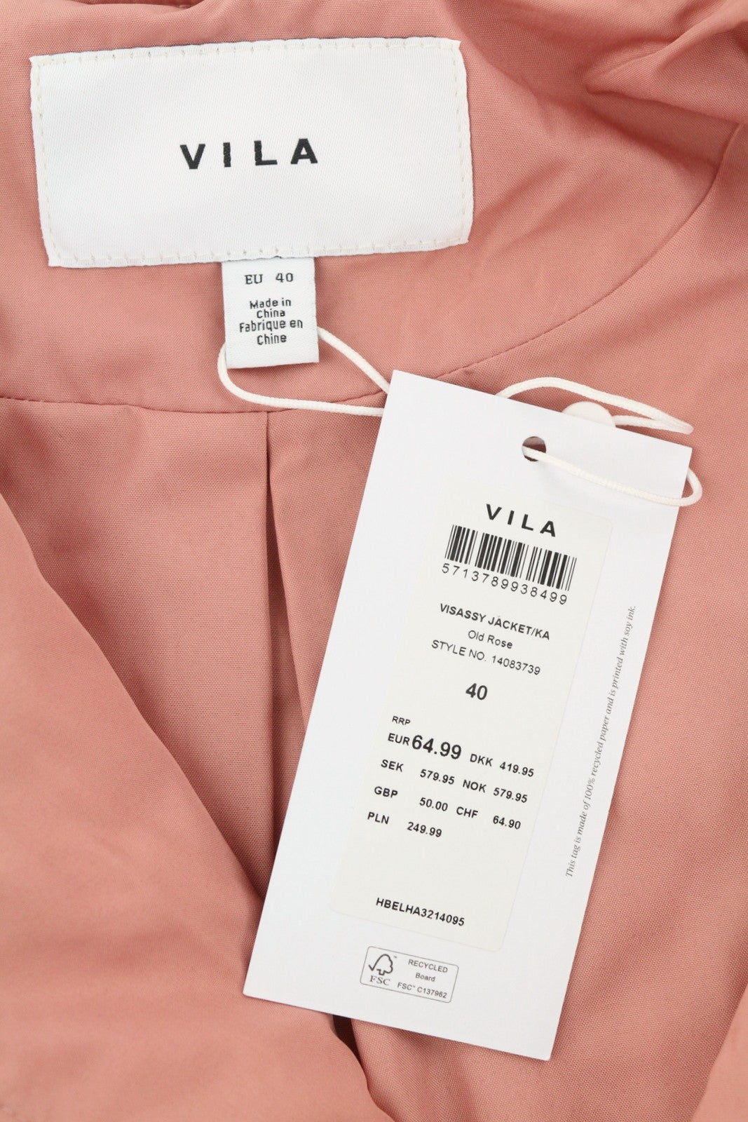 VILA Sassy Women Jacket EU40 Pink Quilted Padded Asymmetrical Zip Lightweight