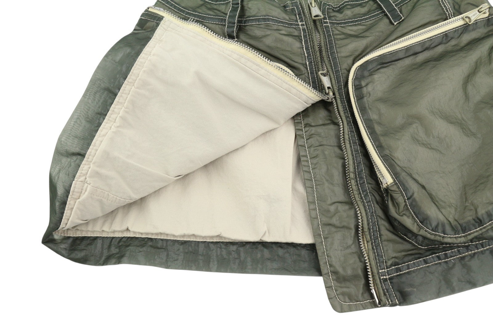 DIESEL O-Kylie-A Women's Skirt W26 Khaki Coated Look Zip Mini Pockets