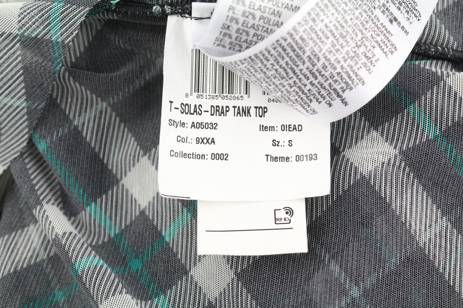 DIESEL T-Solas-Drap Women's T-Shirt S Black Plaid Sleeveless Ruffle Sides