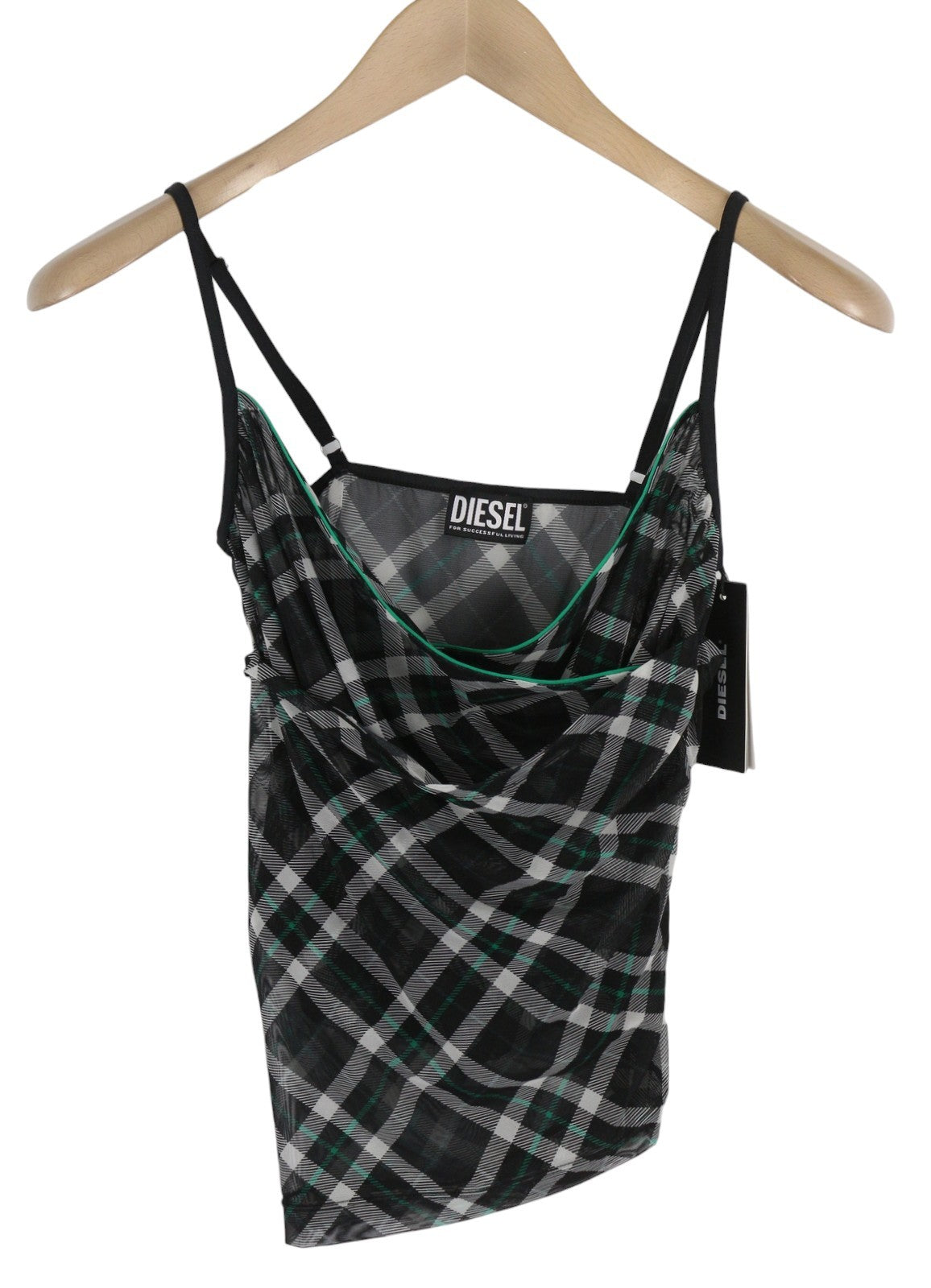 DIESEL T-Solas-Drap Women's T-Shirt S Black Plaid Sleeveless Ruffle Sides