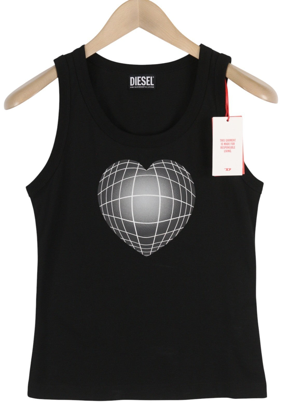DIESEL T-Urar Women's T-Shirt XS Black Sleeveless Tricot Heart Print