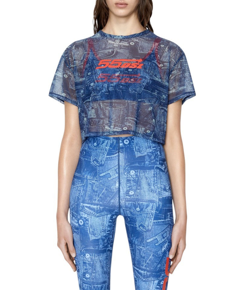 DIESEL Awtee-Briize-Wt28 Women's T-Shirt S Blue Washed Sheer Cropped