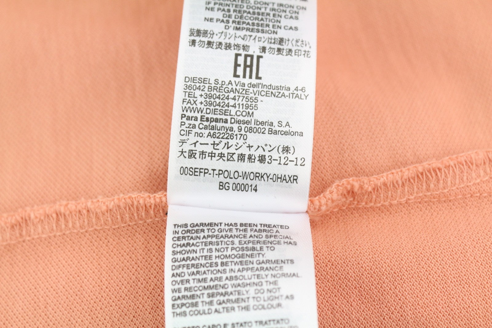 DIESEL T-Polo-Worky Men's T-Shirt L Peach Stretch Polo Button Neck