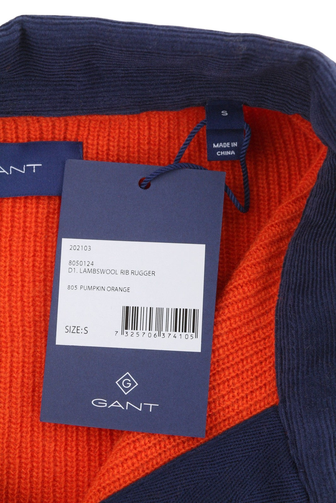 GANT Lambswool Rib Rugger Men Jumper S Pumpkin Orange Wool Knit Pullover