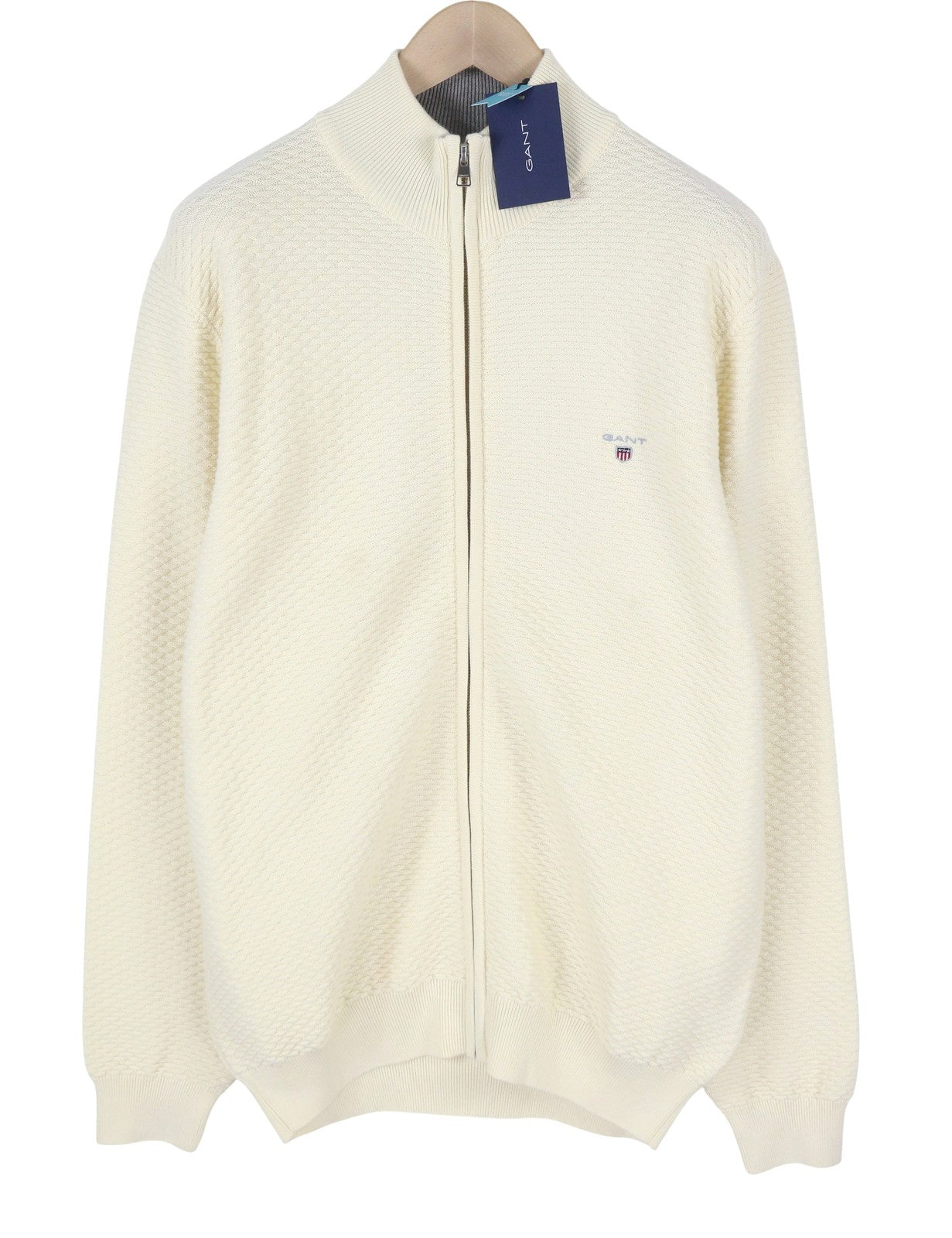 GANT Triangle Texture Fullzip Men Jumper XL Cream High Neck Knit Stretch