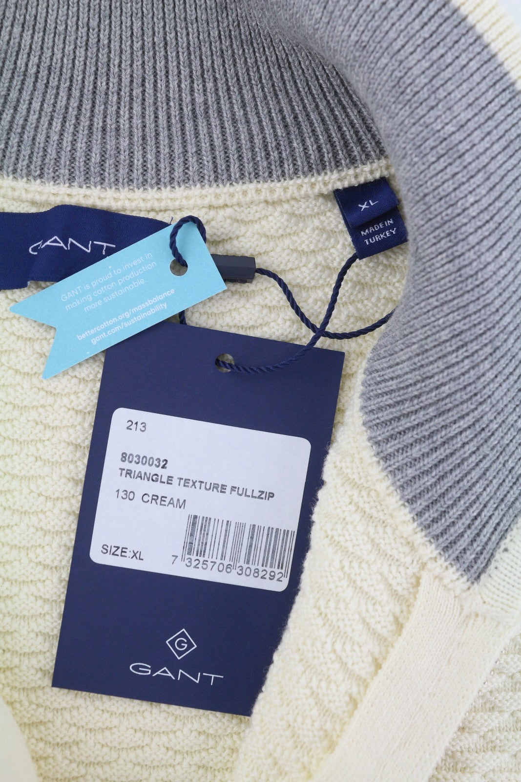 GANT Triangle Texture Fullzip Men Jumper XL Cream High Neck Knit Stretch