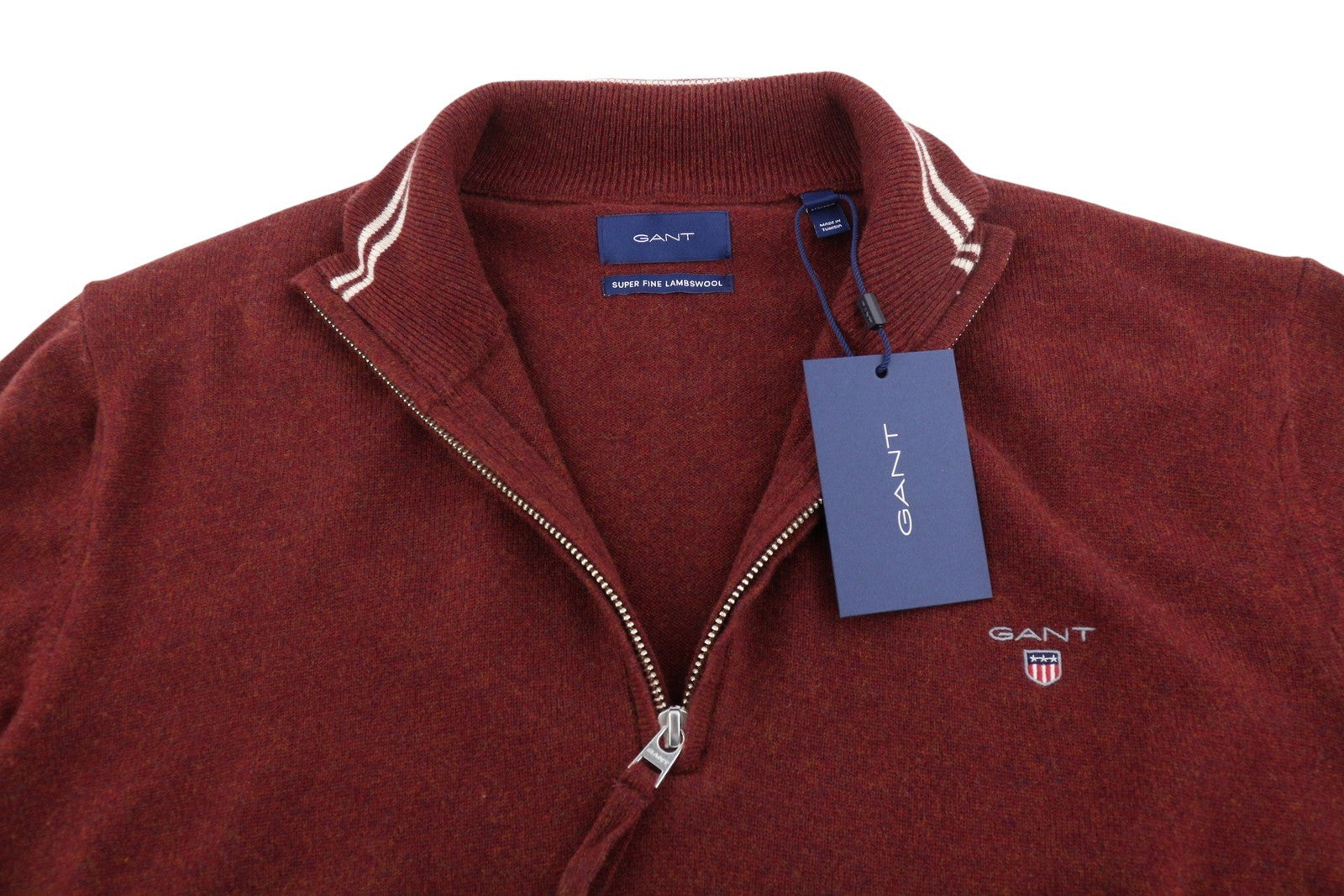 GANT Superfine Lambswool Half Zip Men Jumper L Royal Port Red Melange Pullover