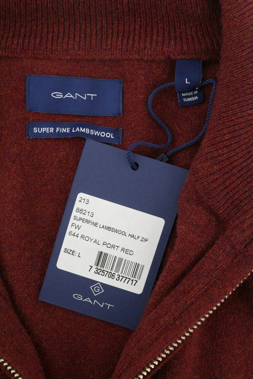 GANT Superfine Lambswool Half Zip Men Jumper L Royal Port Red Melange Pullover