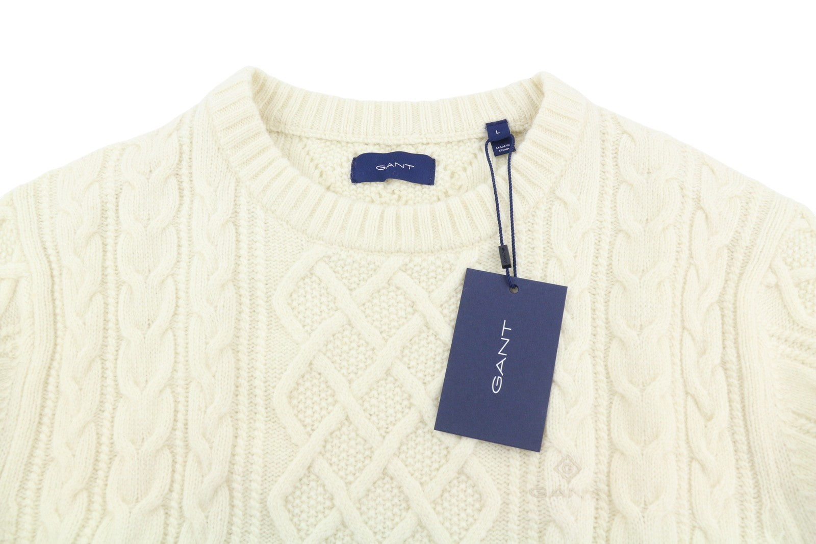 GANT Aran Cable Crew Men Jumper L Eggshell Wool Blend Cable Knit Pullover