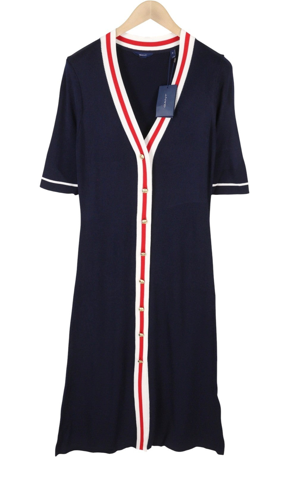 GANT Contrast Border Cardigan Women Dress M Evening Blue Knit Midi Short Sleeve